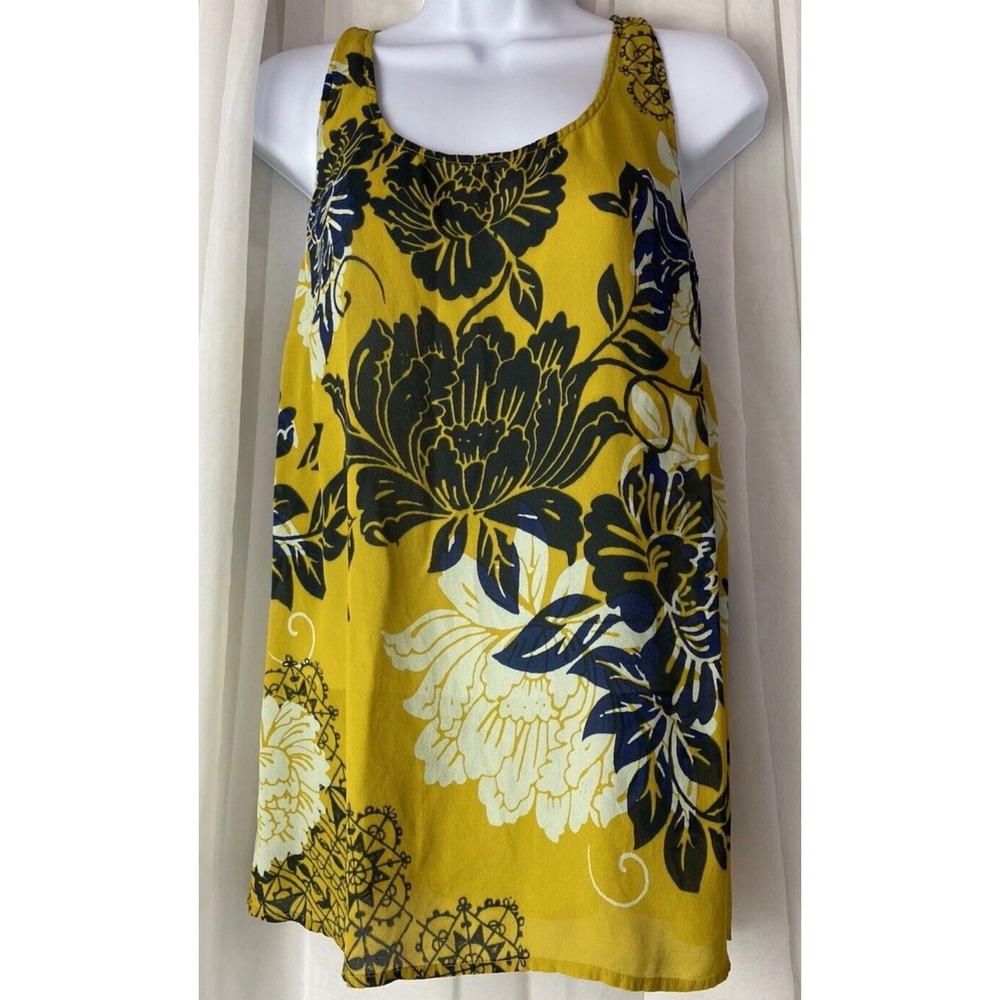 Cabi Silk Blend Floral Racerback Tank Top Mustard Yellow Navy White Size M 286
